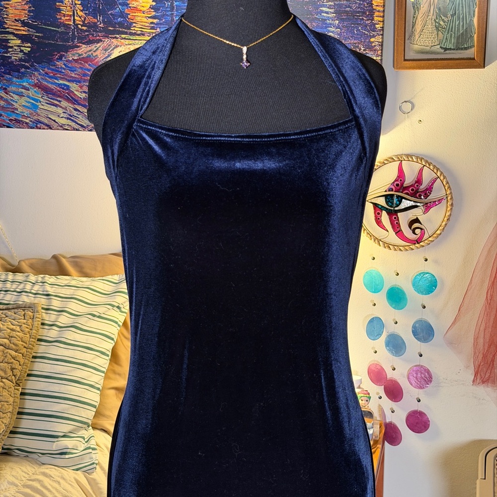 Vintage 90s California Concepts Navy Velvet Halter Maxi Dress M
